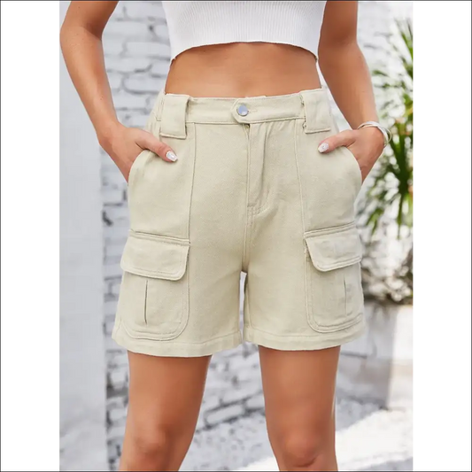 High Waist Washed Denim Shorts - Cream / m - on Sale Worldwide Shipping