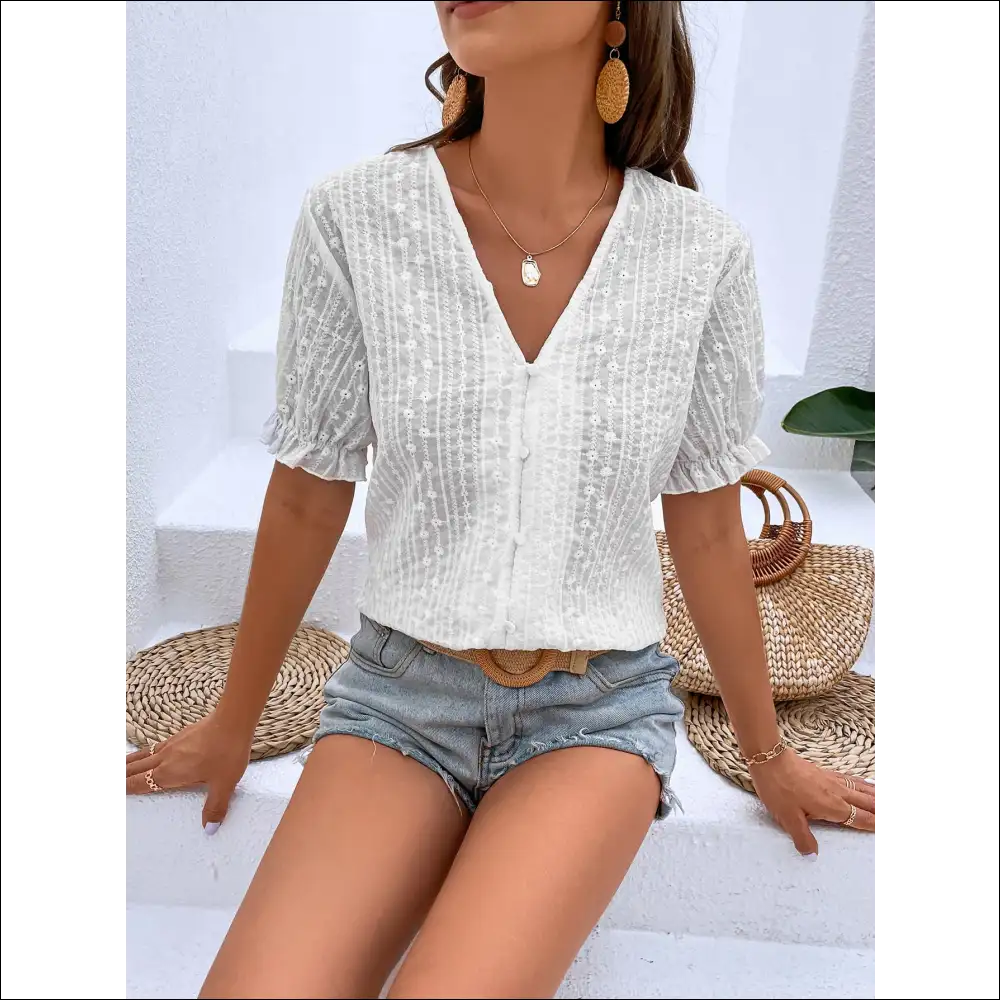 Chic Honey Buttoned V-neck Flounce Sleeve Top - Blouses on Sale Worldwide Shipping