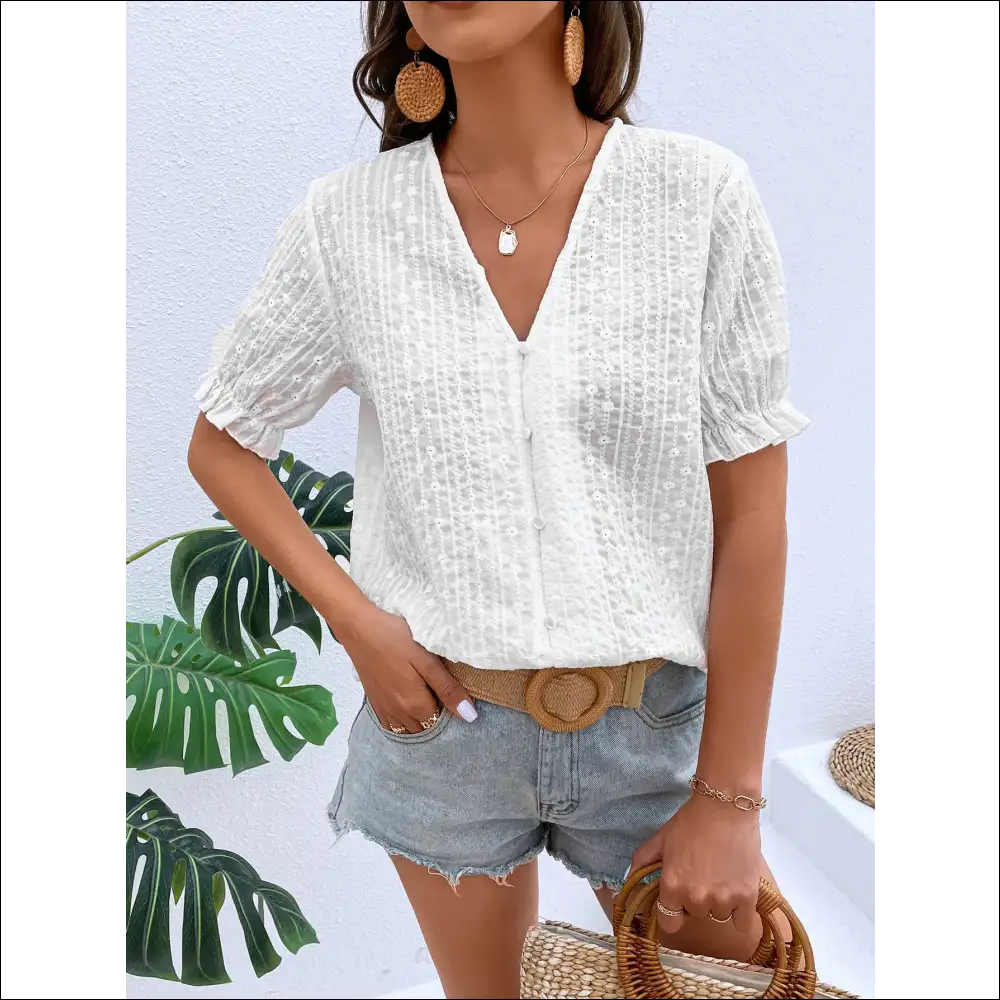 Chic Honey Buttoned V-neck Flounce Sleeve Top - Blouses on Sale Worldwide Shipping