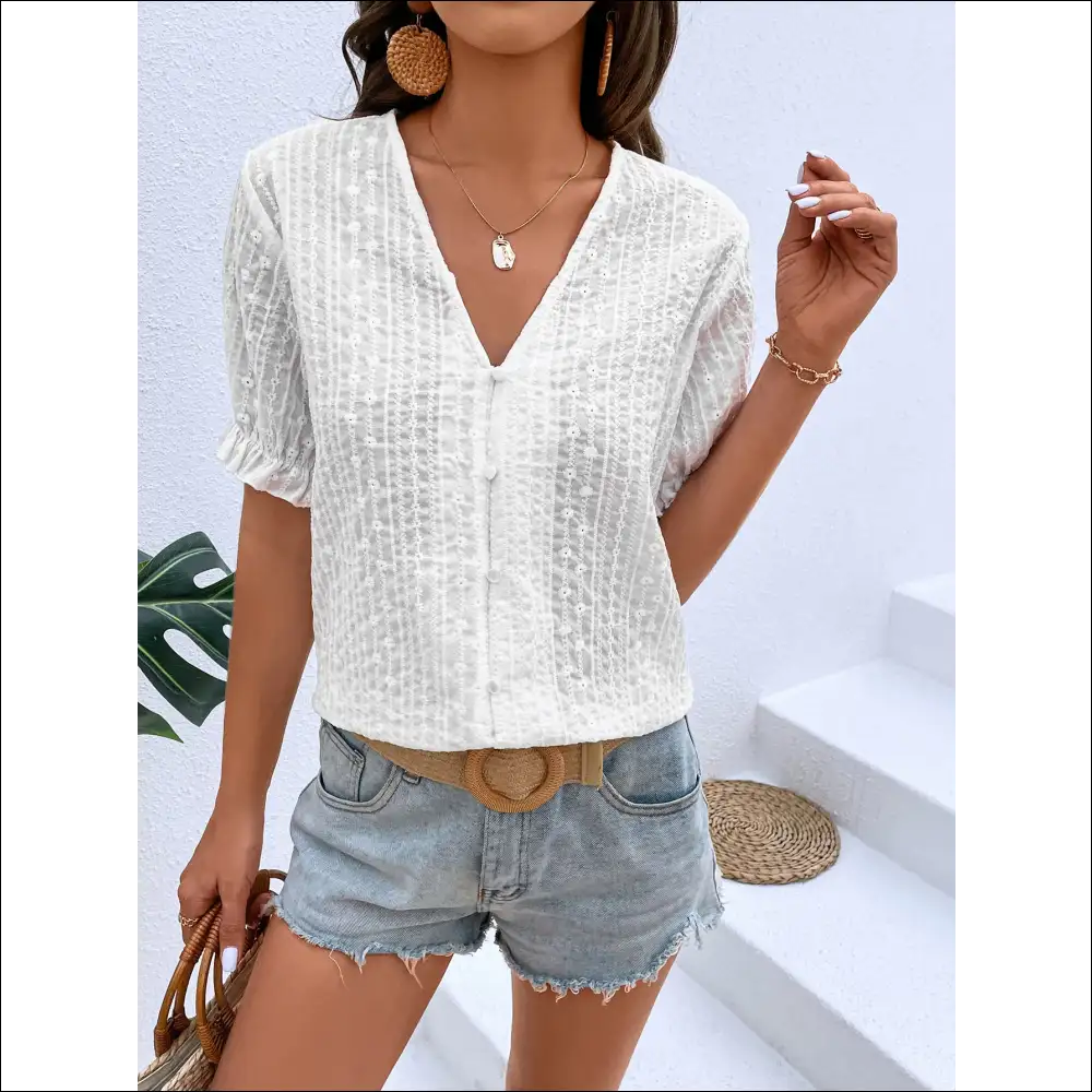 Chic Honey Buttoned V-neck Flounce Sleeve Top - Blouses on Sale Worldwide Shipping