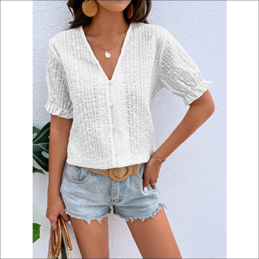Chic Honey Buttoned V-neck Flounce Sleeve Top - Blouses on Sale Worldwide Shipping