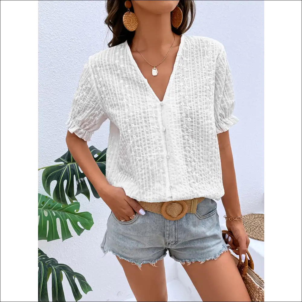Chic Honey Buttoned V-neck Flounce Sleeve Top - White / Xl - Blouses on Sale Worldwide Shipping
