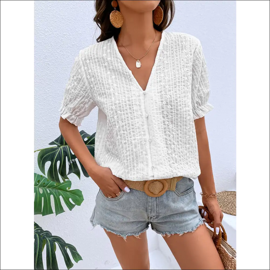 Chic Honey Buttoned V-neck Flounce Sleeve Top - White / Xl - Blouses on Sale Worldwide Shipping