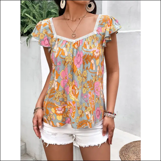 Honey Floral Flutter Sleeve Blouse - Tangerine / Xl - Blouses on Sale Worldwide Shipping
