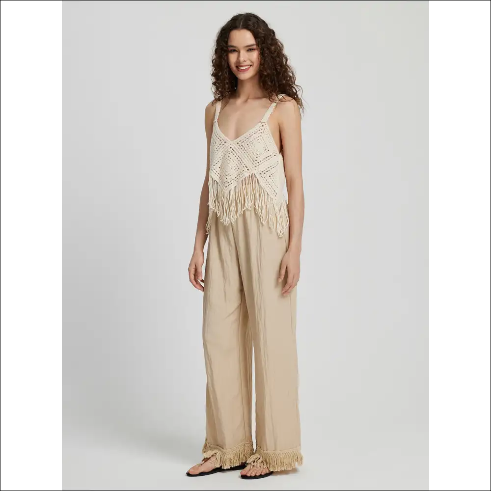 Honey Fringe Hem Wide Leg Pants - on Sale Worldwide Shipping