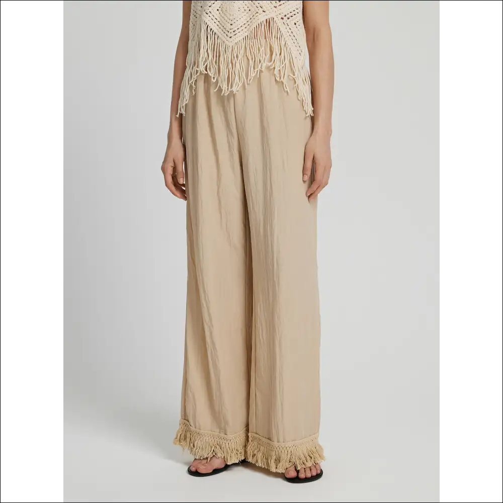 Honey Fringe Hem Wide Leg Pants - Tan / Xl - on Sale Worldwide Shipping