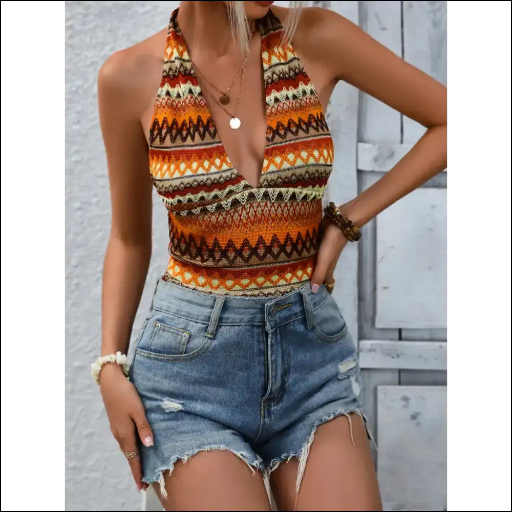Honey Geometric Halter Neck Cropped Tank - Tops on Sale Worldwide Shipping