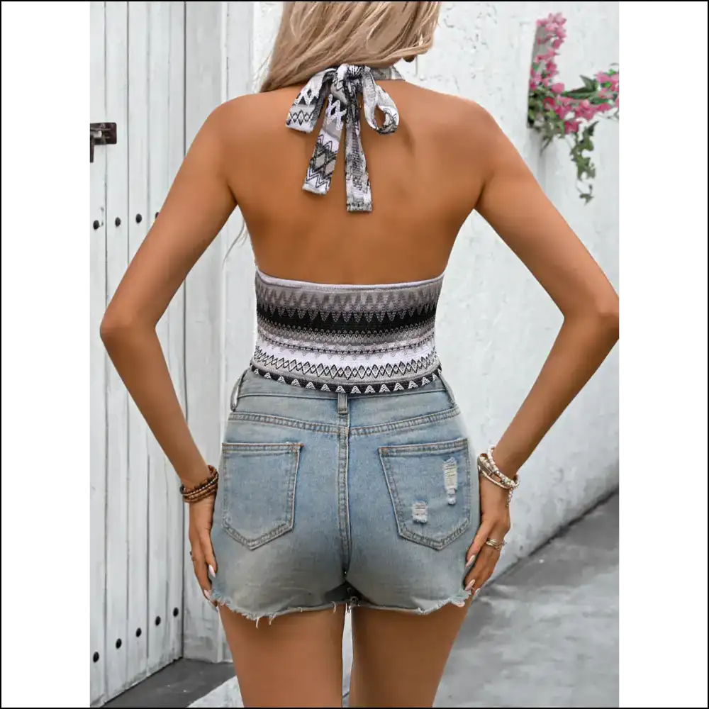 Honey Geometric Halter Neck Cropped Tank - Tops on Sale Worldwide Shipping