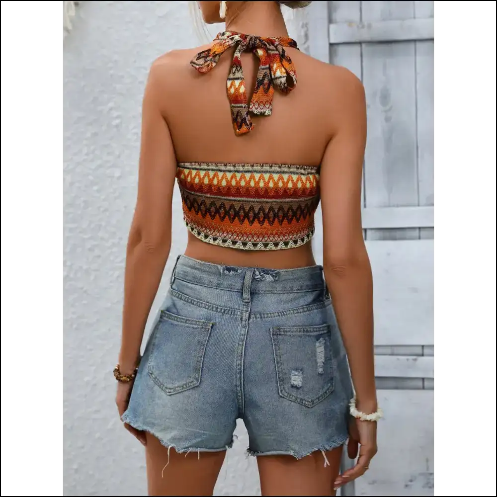 Honey Geometric Halter Neck Cropped Tank - Tops on Sale Worldwide Shipping