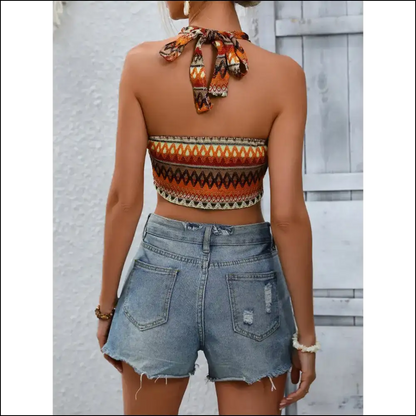 Honey Geometric Halter Neck Cropped Tank - Tops on Sale Worldwide Shipping