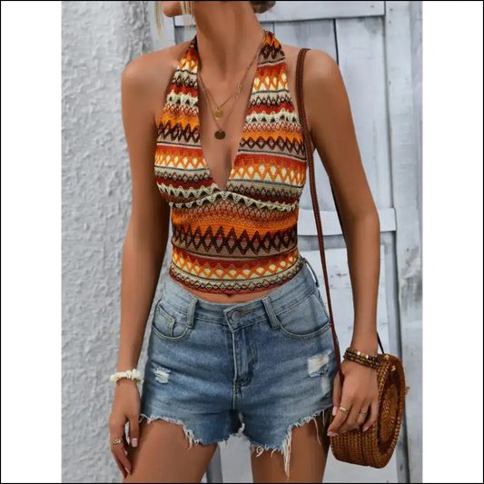Honey Geometric Halter Neck Cropped Tank - Orange / Xl - Tops on Sale Worldwide Shipping