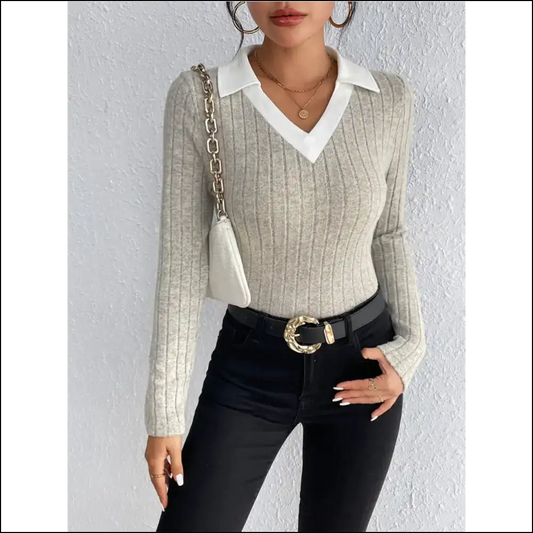 Honey Ribbed Johnny Collar Long Sleeve Blouse - Khaki / s - Blouses on Sale Worldwide Shipping
