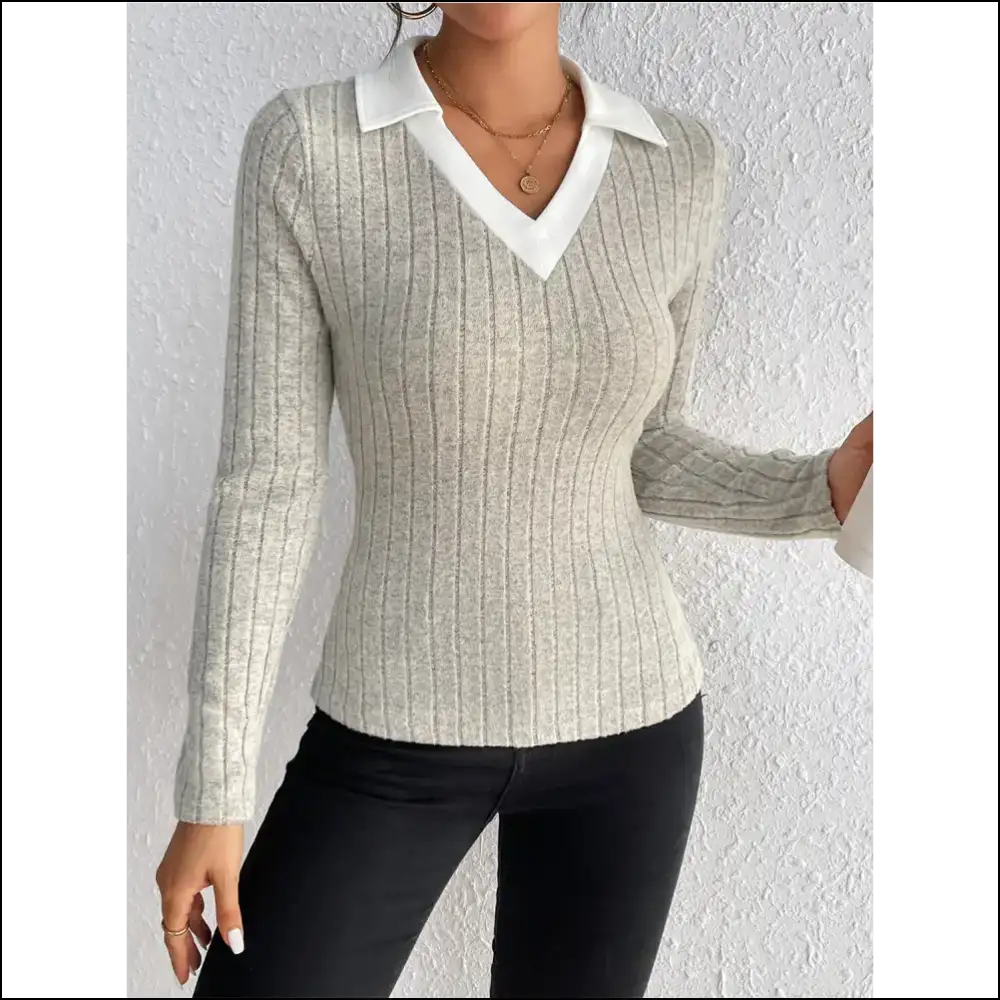 Honey Ribbed Johnny Collar Long Sleeve Blouse - Blouses on Sale Worldwide Shipping