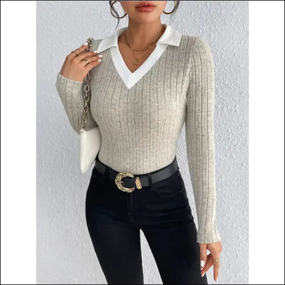 Honey Ribbed Johnny Collar Long Sleeve Blouse - Blouses on Sale Worldwide Shipping