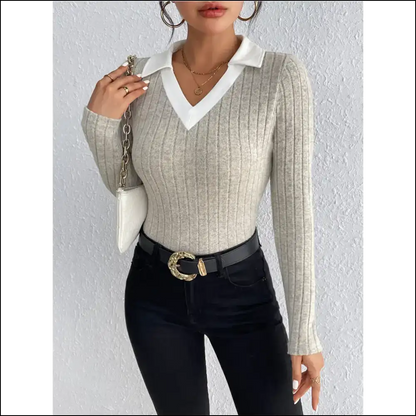 Honey Ribbed Johnny Collar Long Sleeve Blouse - Blouses on Sale Worldwide Shipping