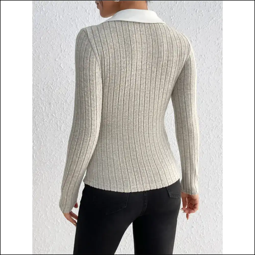 Honey Ribbed Johnny Collar Long Sleeve Blouse - Blouses on Sale Worldwide Shipping