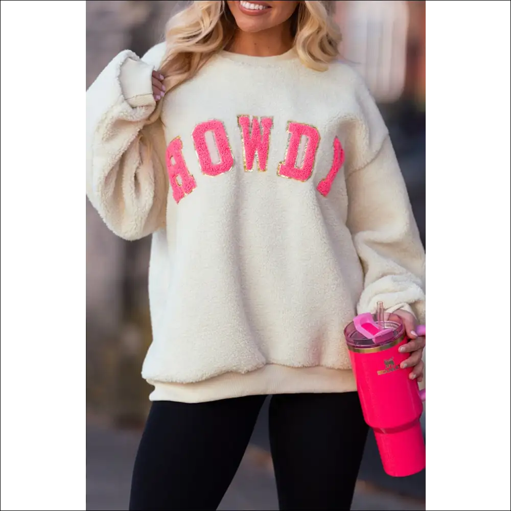 Howdy Patched Round Neck Sherpa Sweatshirt - Ivory / l - Sweatshirts & Hoodies on Sale Worldwide Shipping
