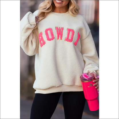 Howdy Patched Round Neck Sherpa Sweatshirt - Ivory / l - Sweatshirts & Hoodies on Sale Worldwide Shipping