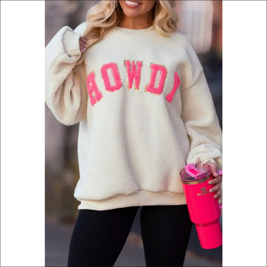 Howdy Patched Round Neck Sherpa Sweatshirt - Ivory / l - Sweatshirts & Hoodies on Sale Worldwide Shipping
