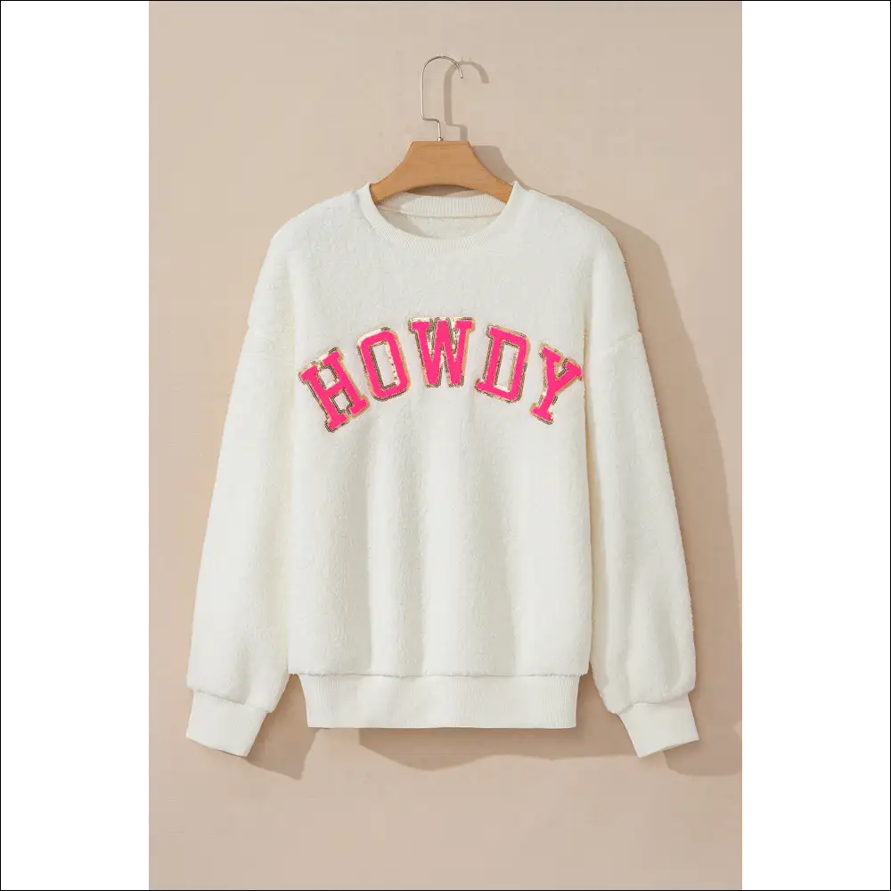 Howdy Patched Round Neck Sherpa Sweatshirt - Sweatshirts & Hoodies on Sale Worldwide Shipping