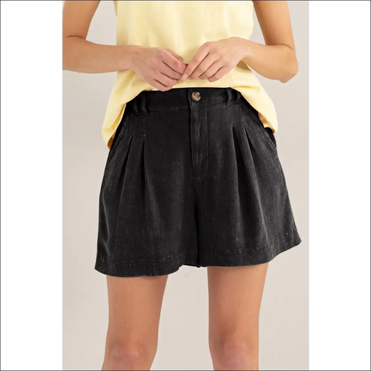 Hyfve High Waist Pleated Linen Shorts - Black / l - on Sale Worldwide Shipping