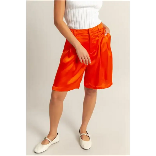 Hyfve Luxe High-waist Pleated Satin Shorts - Red / s - on Sale Worldwide Shipping