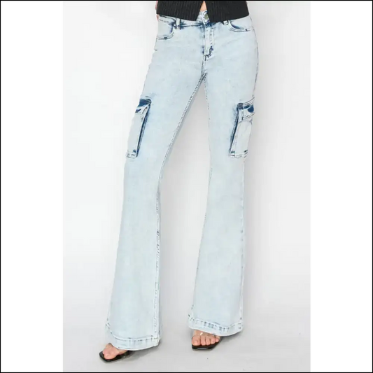 I Flare-ly Love my High Rise Cargo Jeans—fashion Never Felt this Good! 😎✨ - Light Blue / 1(25) - Jeans on Sale Worldwide Shipping