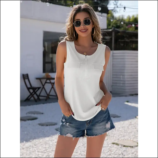 Ivy Lane Chic Half-zip Tank Top - White / m - Tops on Sale Worldwide Shipping