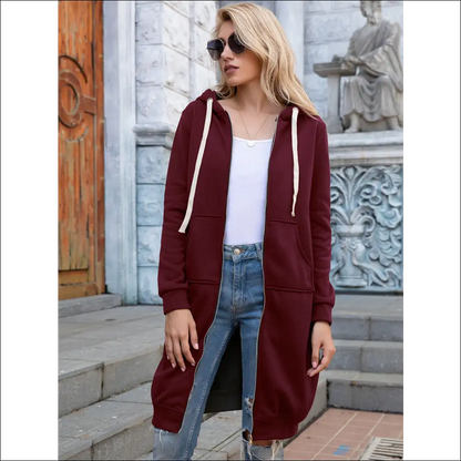 Ivy Lane Chic Longline Zip-up Hoodie with Pockets - Burgundy / l - Hoodies Sweatshirts & on Sale Worldwide Shipping