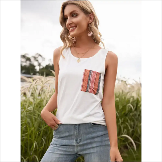 Ivy Lane Chic Printed Round Neck Tank with Pockets - White / Xl - Tops on Sale Worldwide Shipping
