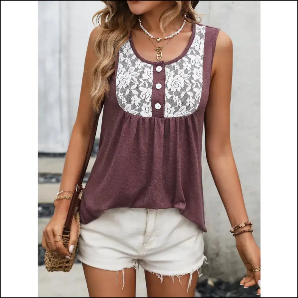 Ivy Lane Lace Contrast Scoop Neck Tank Top - Burgundy / Xl - Tops on Sale Worldwide Shipping