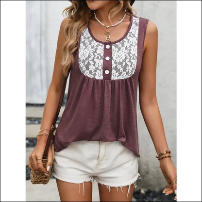 Ivy Lane Lace Contrast Scoop Neck Tank Top - Burgundy / Xl - Tops on Sale Worldwide Shipping