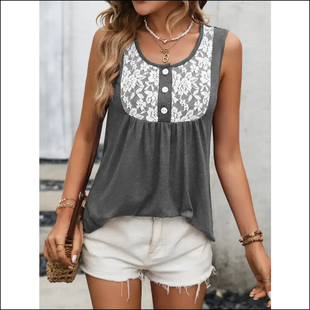 Ivy Lane Lace Contrast Scoop Neck Tank Top - Dark Gray / Xl - Tops on Sale Worldwide Shipping