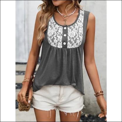 Ivy Lane Lace Contrast Scoop Neck Tank Top - Dark Gray / Xl - Tops on Sale Worldwide Shipping