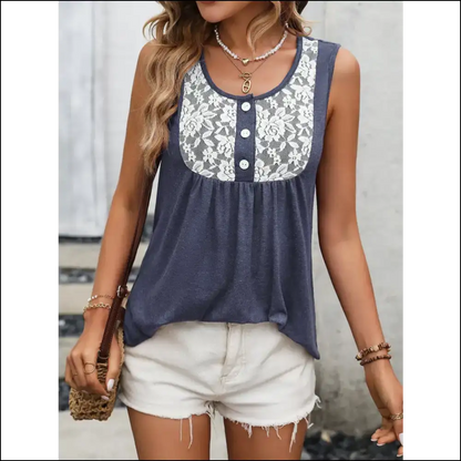Ivy Lane Lace Contrast Scoop Neck Tank Top - Dirty Blue / Xl - Tops on Sale Worldwide Shipping