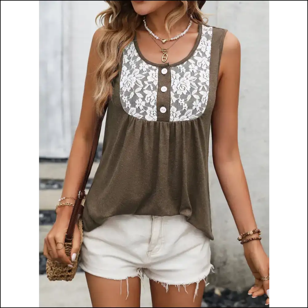 Ivy Lane Lace Contrast Scoop Neck Tank Top - Mocha / m - Tops on Sale Worldwide Shipping