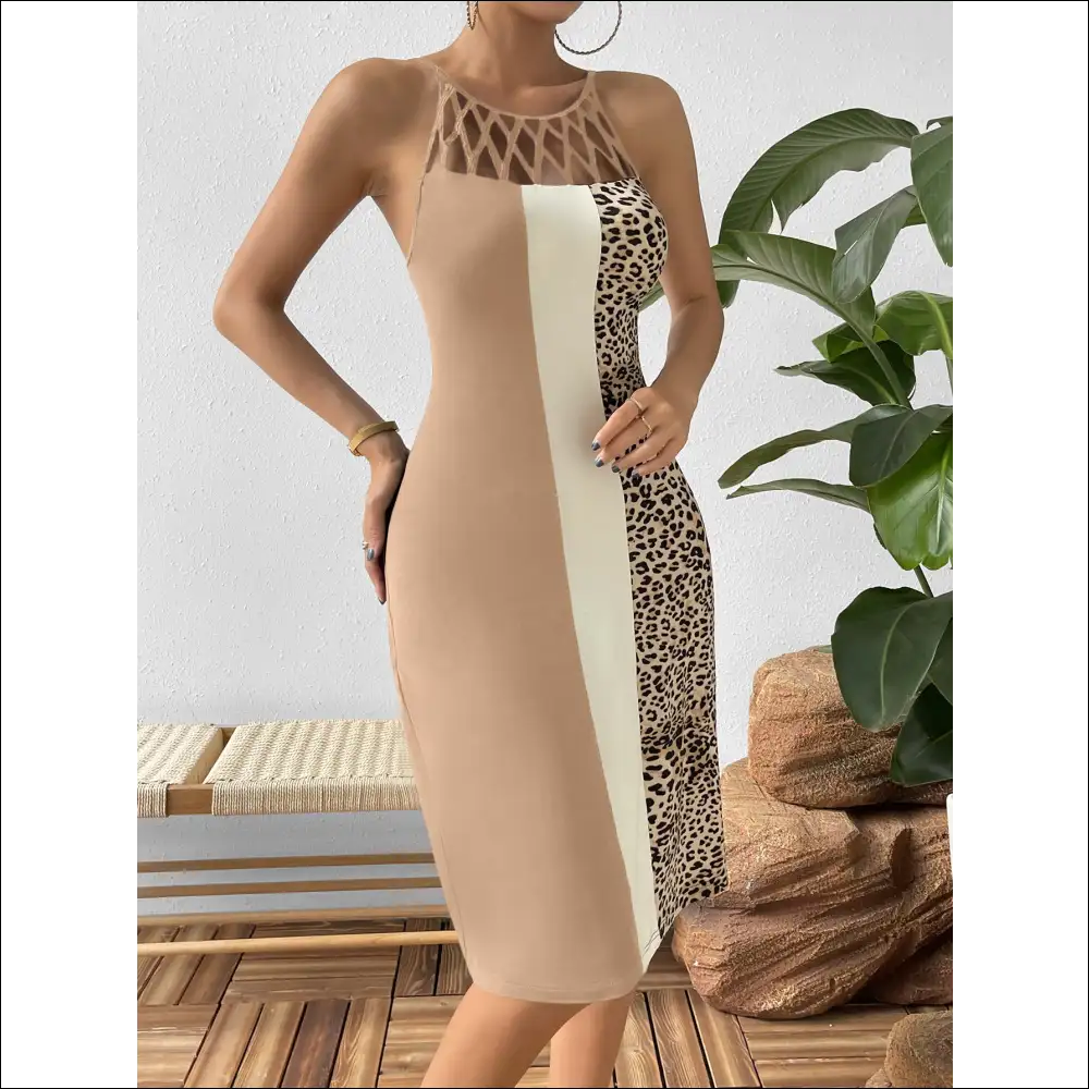 Ivy Lane Leopard Color Block Cutout Dress - Khaki / Xl - Dresses on Sale Worldwide Shipping