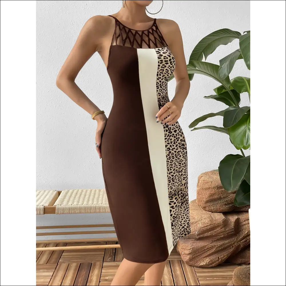 Ivy Lane Leopard Color Block Cutout Dress - Chocolate / l - Dresses on Sale Worldwide Shipping