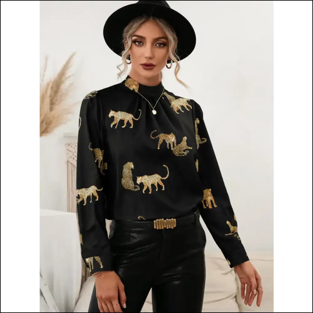 Ivy Lane Leopard Puff Sleeve Mock Neck Blouse - Black / m - Blouses on Sale Worldwide Shipping