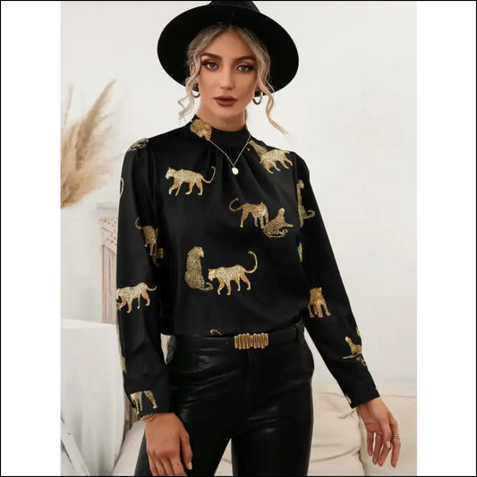 Ivy Lane Leopard Puff Sleeve Mock Neck Blouse - Black / m - Blouses on Sale Worldwide Shipping