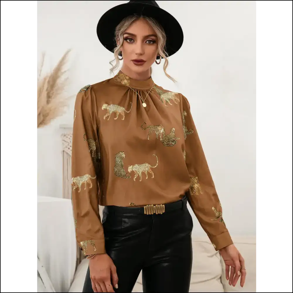 Ivy Lane Leopard Puff Sleeve Mock Neck Blouse - Caramel / m - Blouses on Sale Worldwide Shipping