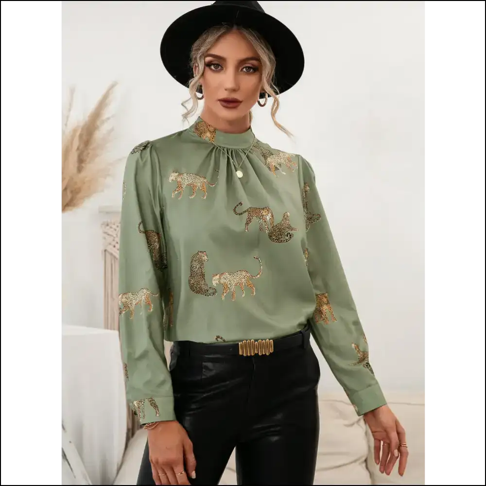Ivy Lane Leopard Puff Sleeve Mock Neck Blouse - Green / s - Blouses on Sale Worldwide Shipping