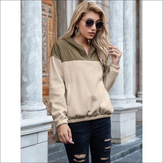 Ivy Lane Chic Pocketed Color Block Quarter Zip Hoodie - Khaki / l - Sweatshirts & Hoodies on Sale Worldwide Shipping