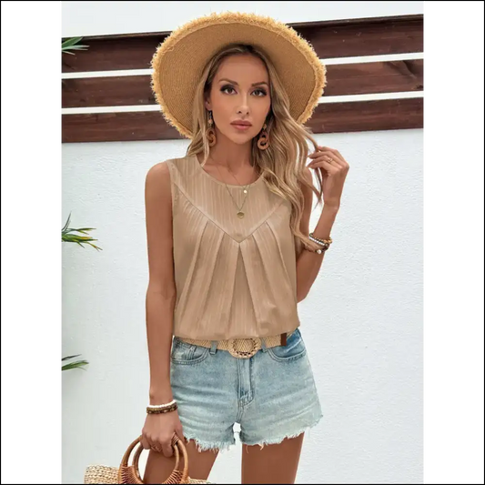 Ivy Lane Ruched Round Neck Tank - Chic & Stylish - Camel / s - Tops on Sale Worldwide Shipping
