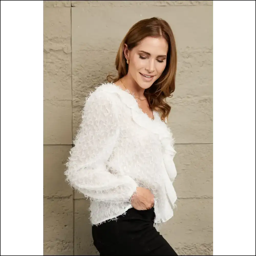 Ivy Lane Ruffle Hem Fringe V-neck Balloon Sleeve Blouse - Blouses on Sale Worldwide Shipping