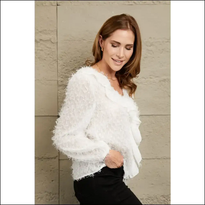Ivy Lane Ruffle Hem Fringe V-neck Balloon Sleeve Blouse - Blouses on Sale Worldwide Shipping