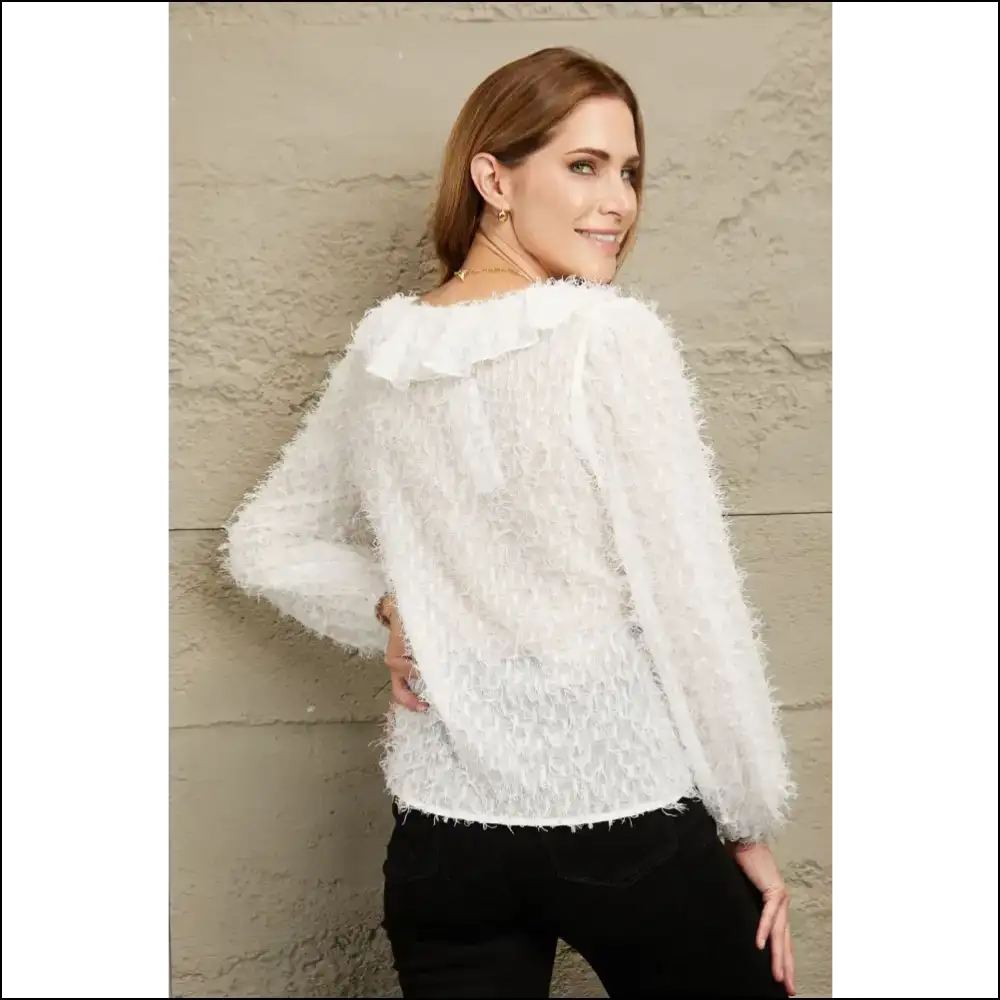 Ivy Lane Ruffle Hem Fringe V-neck Balloon Sleeve Blouse - Blouses on Sale Worldwide Shipping