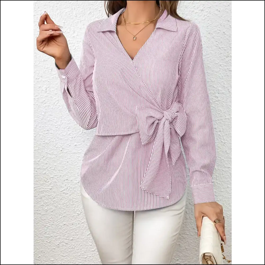 Ivy Lane Striped Bow Tie Blouse - Blush Pink / s - Blouses on Sale Worldwide Shipping