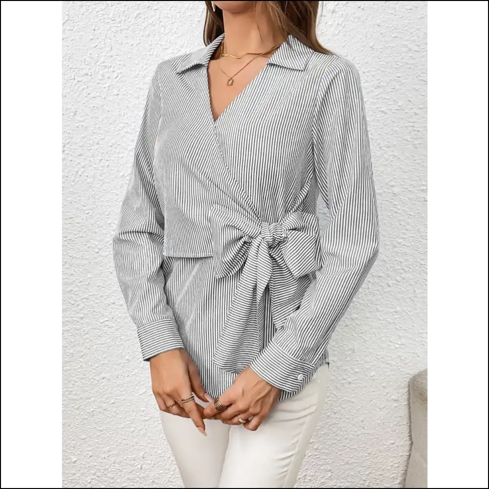 Ivy Lane Striped Bow Tie Blouse - Gray / s - Blouses on Sale Worldwide Shipping