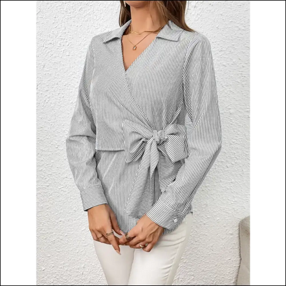 Ivy Lane Striped Bow Tie Blouse - Gray / s - Blouses on Sale Worldwide Shipping